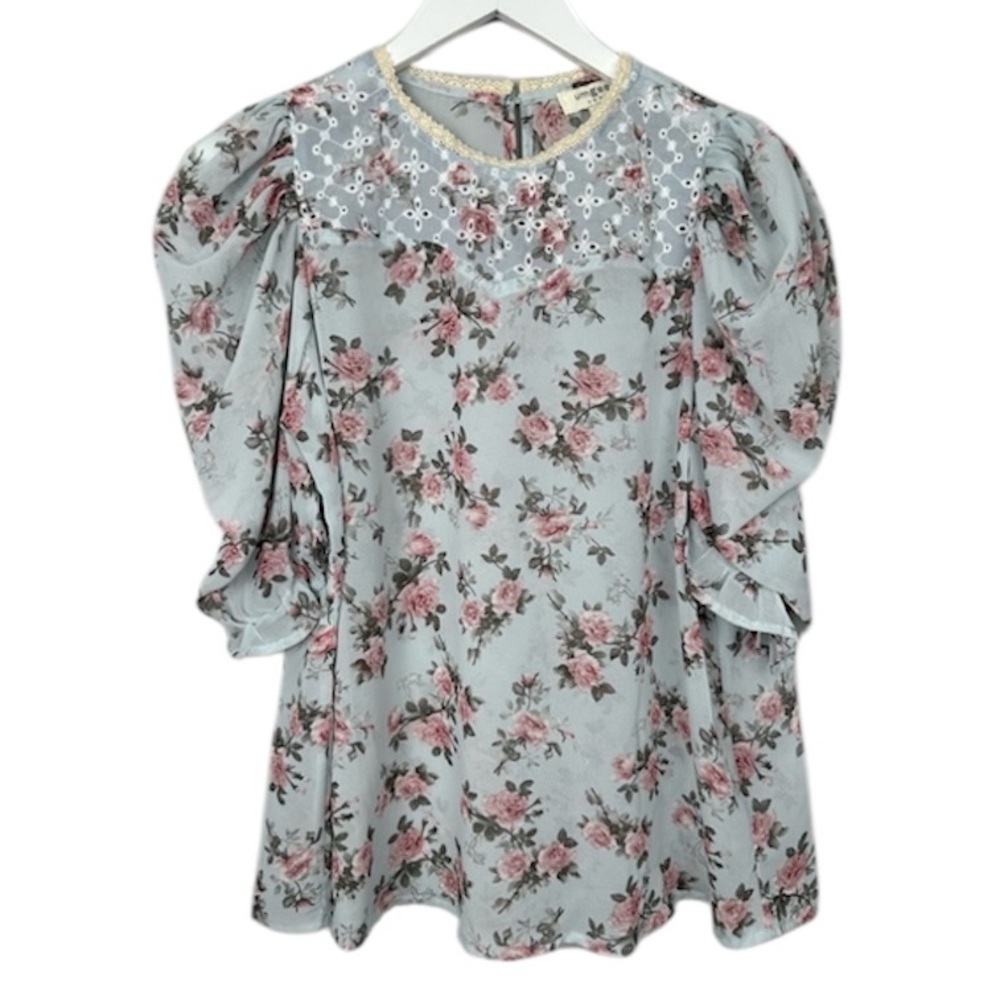 Umgee Floral Sheer Lace Puff Sleeve Top Blouse Medium
